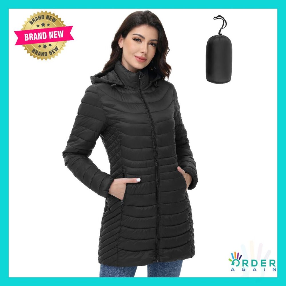 Mid-Length Packable Puffer Jacket Lightweight Hoo… - image 1